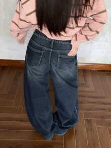 DAZY Quần jeans denim nữ ống suông rộng đính đá phong cách thường ngày - Rửa trung bình - Xem 5