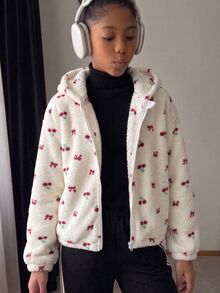 SHEIN Tween女孩兒童加厚蝴蝶結連帽拉鍊外套，保暖內裡，秋冬款 - 粉色 - 查看 6