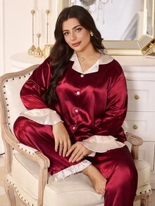 MuseNap CURVE Contrast Color Ruffle Trim Silky Faux Silk Open Front Lapel Plus Size Pajama Set - Red - View 1