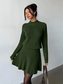 Elenzga 女款寬鬆休閒圓領紋理上衣與百褶裙兩件套 - 軍綠色 - 查看 1