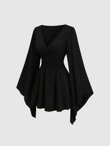 Sweetra Women's Spring/Autumn V-Neck Elegant Flowy Loose Extra Long Sleeve Short Dress - Black - View 1