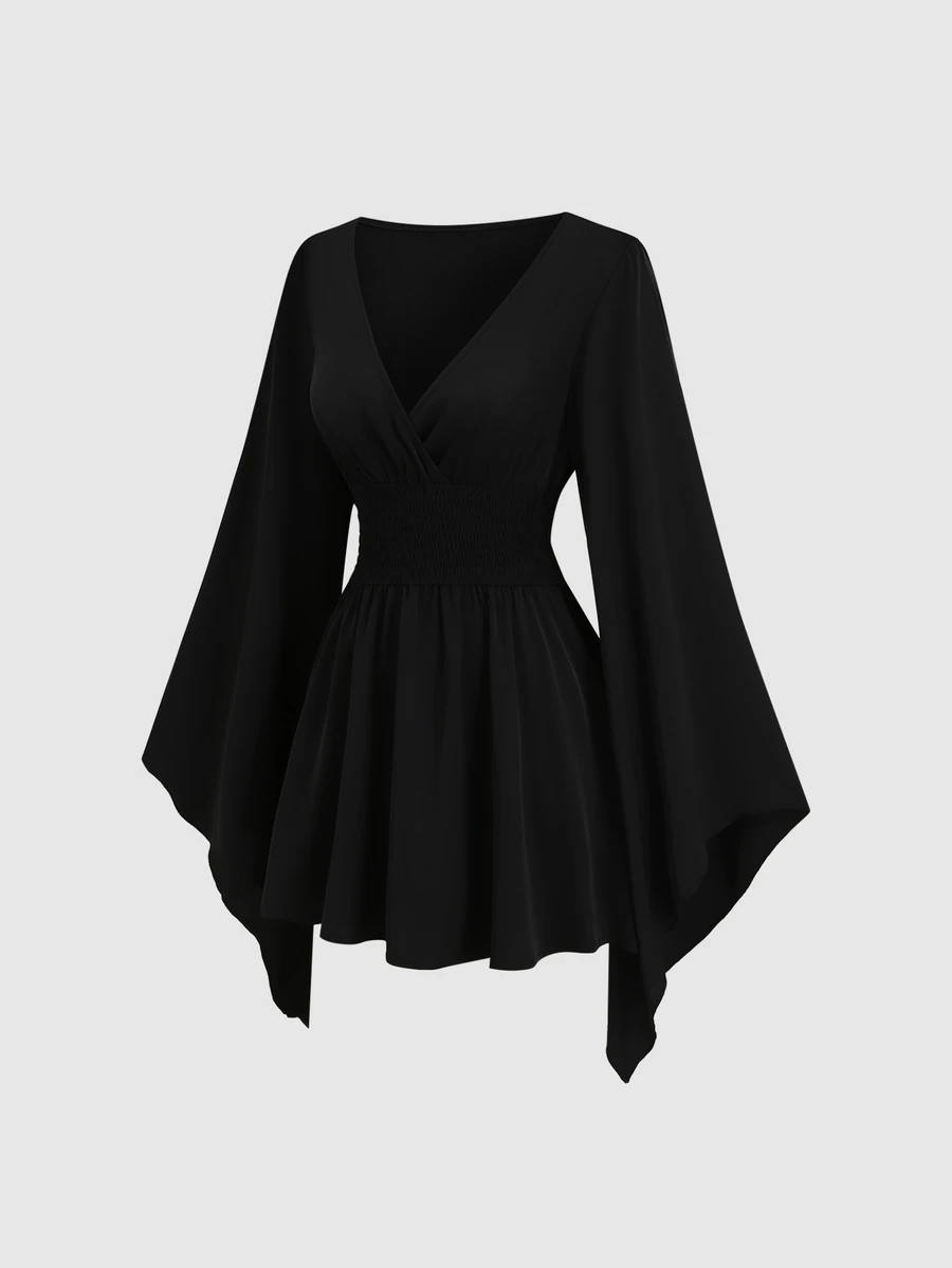 Sweetra Women's Spring/Autumn V-Neck Elegant Flowy Loose Extra Long Sleeve Short Dress - Black - View 1