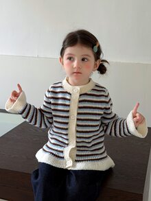 Dazy Kids كارديجان أكمام طويلة بياقة دائرية مخططة بأسلوب كوري للرضع/الأطفال الصغار (البنات) للخريف/الشتاء - الأزرق - مشاهدة 1