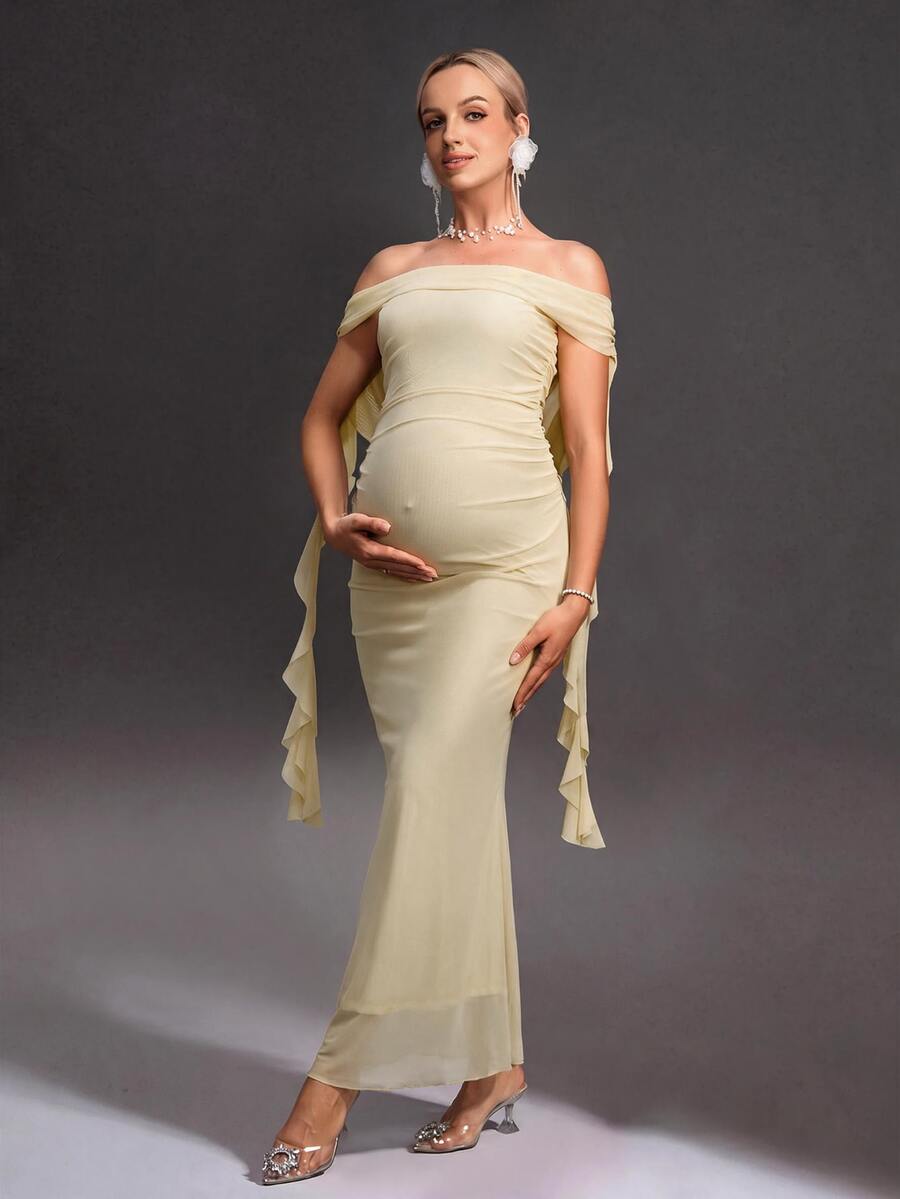 Cheriluna Maternity 純色露肩露背長版孕婦洋裝,適合嬰兒洗禮、聖誕派對、優雅派對 - 杏色 - 查看 1