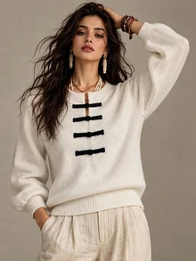 Linhara CURVE 1pc Women's Plus Size Vintage Old Money Style Frog Button Lantern Sleeve Knit Pullover Sweater, Suitable For Daily Commute, Spring And Autumn - Beige - View 5