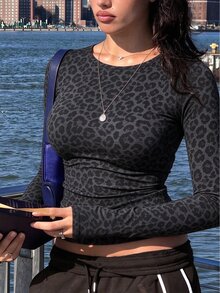 INAWLY Solva Women's Leopard Print Fitted Versatile Casual Top - Dark Grey - View 2