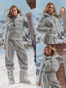 GLOWMODE Après-Ski 緞面羽絨外套，立領設計、可調式下擺與抓絨內裡口袋，秋冬滑雪雪地穿著 - 灰色 - 查看 8