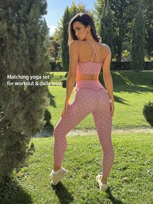 Fluxe Pink Polka Dot Ruffle Spaghetti Strap Bra Flare Pants Set, Built-In Pads, Soft, Stretchy, Breathable For Gym Yoga Pilates. Gymtok Elegant Casual Outfit - Pink - View 2