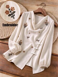 EMERY ROSE ملابس علوية نسائية مقاس كبير بطبعة زهور عتيقة وتطريز مزيف، بياقة مكشكشة وأكمام طويلة منتفخة، ملابس علوية كتان بأسلوب صيني مع أزرار ضفدعية، ملابس علوية فضفاضة كاجوال خفيفة الوزن، مناسبة للارتداء اليومي في الربيع والخريف - بني - مشاهدة 3