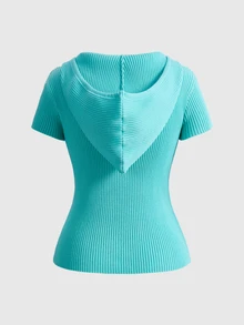 ROMWE Basic Casual Mint Green Ribbed Hooded Slim Fit Women's Cardigan - Mint Green - View 2