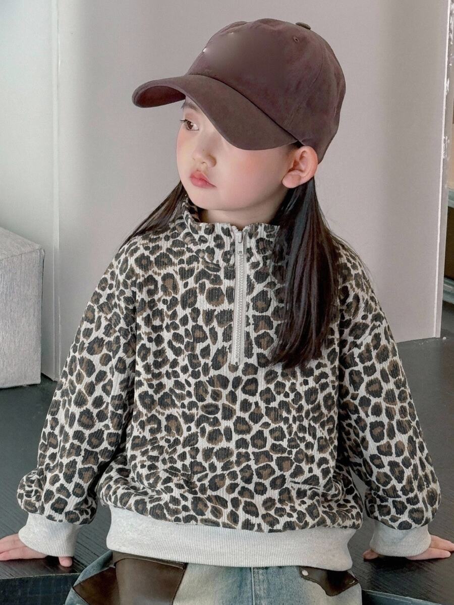 Dazy Kids 少女休閒寬鬆豹紋印花運動衫 - 灰色 - 查看 1