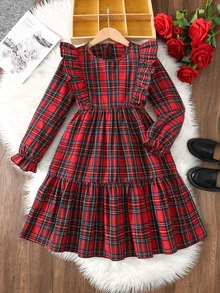 SHEIN Tween女孩春秋冬季休閒優雅復古紅綠格紋圓領長袖荷葉邊收腰拼接洋裝，適合聖誕節、新年、復古校服裙，紅色洋裝 - 紅色 - 查看 2