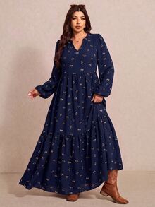 Elaquor 大尺碼女款碎花V領燈籠袖休閒洋裝 秋冬優雅辦公商務工作外出黑色洋裝 - 藏蓝色 - 查看 3