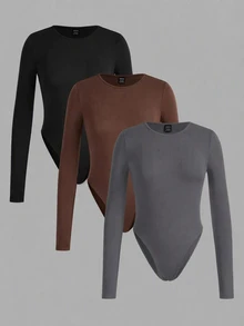SHEIN EZwear 3件裝純色百搭對比色女款長袖修身連身衣，適合春秋穿著 - 彩色 - 查看 1