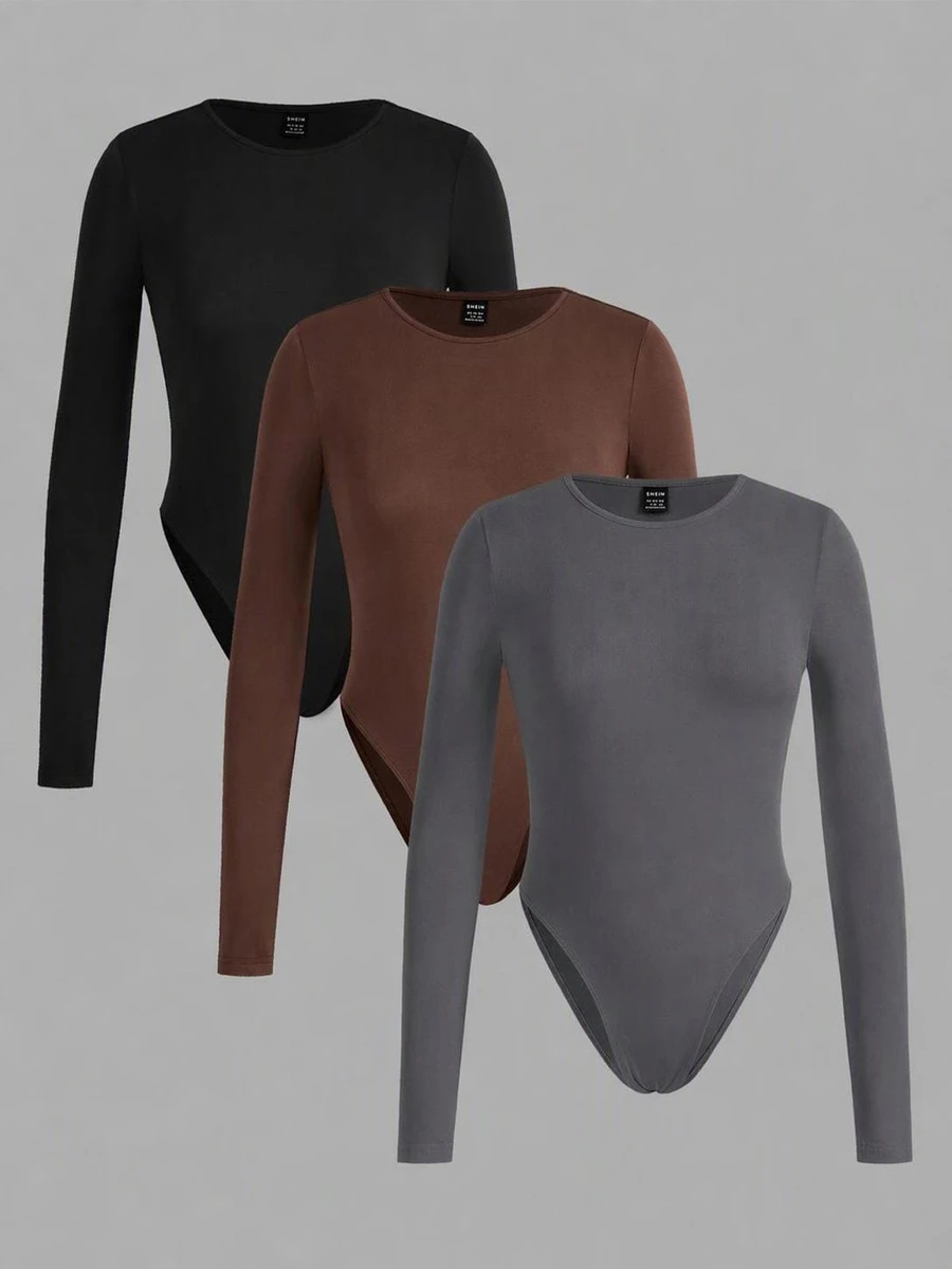 SHEIN EZwear 3件裝純色百搭對比色女款長袖修身連身衣，適合春秋穿著 - 彩色 - 查看 1