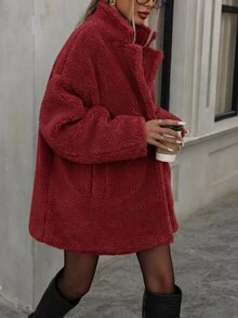 Aveloria Modichic 女款寬鬆休閒優雅泰迪羊羔絨翻領單排扣側口袋深紅色素色冬季新年外出外套 - 紅色 - 查看 6
