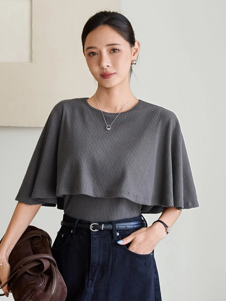 Dazy-Less Autumn Dark Gray Round Neck Long Sleeve Solid Color Loose Casual Drop Shoulder All-Match Versatile Women's T-Shirt - Dark Grey - View 1