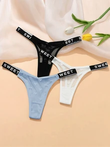 SHEIN 3pcs/Pack Women's Sexy Heart Mesh Letter Waistband Thong - Multicolor - View 4