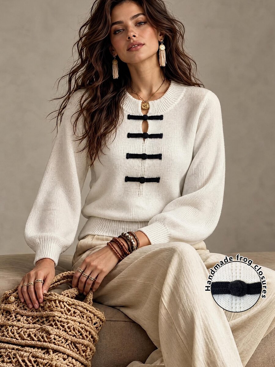 Linhara CURVE 1pc Women's Plus Size Vintage Old Money Style Frog Button Lantern Sleeve Knit Pullover Sweater, Suitable For Daily Commute, Spring And Autumn - Beige - View 1