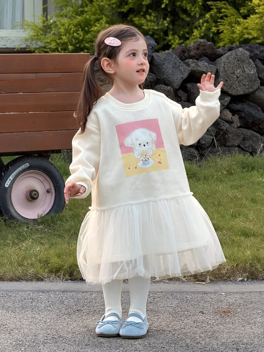 Dazy Kids 嬰兒/幼兒（女童）圓領卡通印花長袖秋冬網布拼接洋裝 - 杏色 - 查看 1