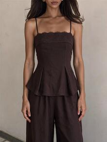 SHEIN Tall Setelan 2 Potong Atasan dan Celana Panjang Wanita dengan Detail Renda dan Ikat Pinggang - Coffee Brown - View 6