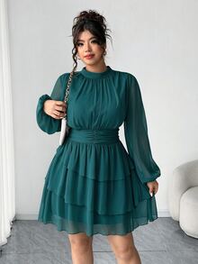 Elenzga 咖啡棕大尺碼女款優雅立領長袖主教袖短版A字純色層次拼接洋裝，秋季穿搭 - 水鴨藍 - 查看 6