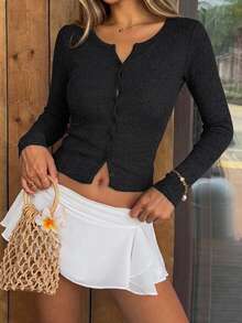 DAZY Women's Solid Color Single-Breasted Ribbed Long Sleeve Cropped T-Shirt - Black - View 5
