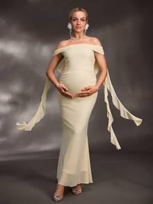 Cheriluna Maternity 純色露肩露背長版孕婦洋裝，適合嬰兒洗禮、聖誕派對、優雅派對 - 杏色 - 查看 6
