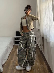 Slaydiva 女款迷彩毛邊寬腿寬鬆休閒牛仔褲 - 軍綠色 - 查看 5
