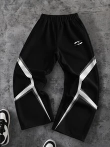 Boys' Street Style Sweatpants, Black & White Geometric Colorblock Print, Minimalist Pattern, Elastic Waist, Wide Leg Long Pants, Casual Daily Wear, Autumn/Winter - White - View 1