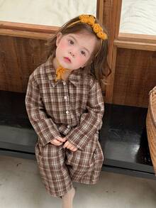 Dazy Kids 嬰兒女童格紋領長袖上衣與長褲2件套休閒家居服 秋季 - 棕色 - 查看 3