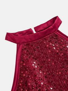 SHEIN Tween Girls Red Halter Neck Waist-Cinching Sequin Mesh Dress, Princess Style, Versatile Elegant Glamorous For Holiday Party, Prom - Burgundy - View 3
