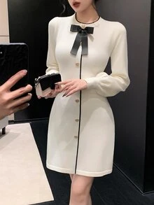 DAZY Women's Bow Decor Single-Breasted Long Sleeve Elegant Knit Dress - Beige - View 7