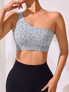 SHEIN Dewbera Leopard Print One Shoulder Cropped Sports Tank Top - White - View 4