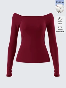 SHEIN BASICS 女款純色露肩修身百搭日常長袖T恤 海軍藍 - 酒紅色 - 查看 4