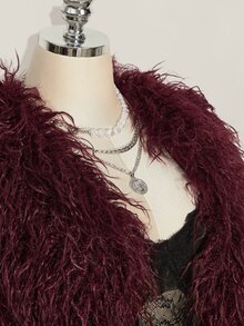 SHEIN ICON معطف فرو صناعي أنيق بأكمام طويلة مقاس كبير - عنابي اللون - مشاهدة 9