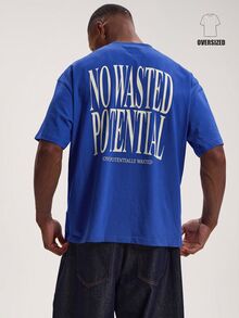 Musero 寬鬆版短袖圓領「NO WASTED POTENTIAL」圖案印花T恤 秋冬疊穿款 - 寶藍色 - 查看 1