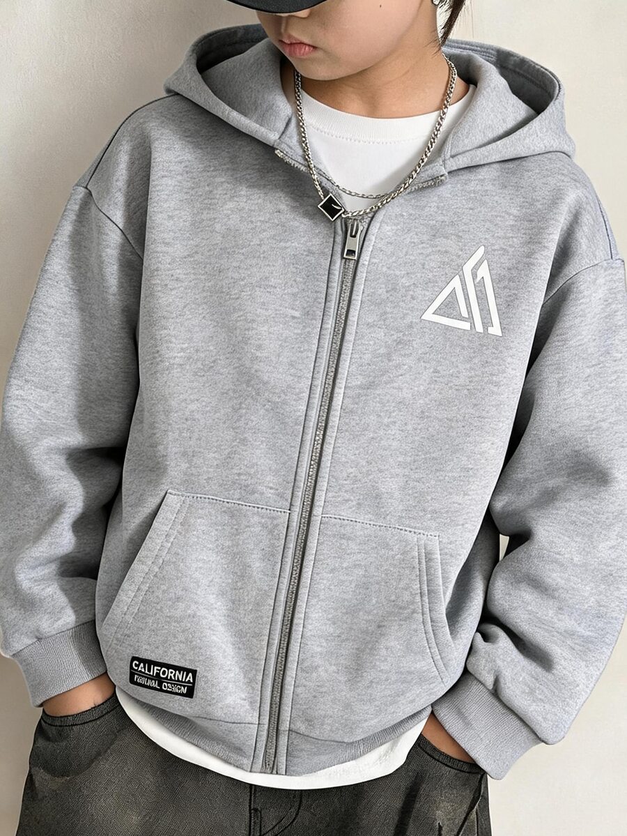 SHEIN Tween Boys Minimalist Street Style Letter Print Zip Up Winter Sweatshirt,Casual,Comfortable,Soft Fab - Grey - View 1