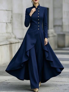 SHEIN 優雅白色兩件式正式套裝 高領金色鈕扣不對稱飄逸下擺長版外套 寬腿褲 - 藏蓝色 - 查看 3