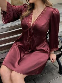 Easura Plus Size Satin & Lace Patchwork Tie-Up Dress - Burgundy - View 4