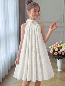 SHEIN 少女洋裝，杏色網紗刺繡－薄紗，圓領半立領，A字裙擺，3D花卉刺繡，膝上長度，優雅可愛，適合派對、婚禮、宴會、成年禮、度假、外出及其他正式場合 - 杏色 - 查看 5