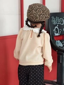 Dazy Kids Infant/Toddler (Girl) Heavy Lace Korean Style Velvet Feel Autumn/Winter Long Sleeve Sweatshirt - Apricot - View 2