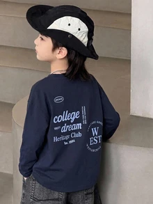 Dazy Kids 小男孩字母印花長袖圓領T恤，適合日常穿著 - 寶藍色 - 查看 1