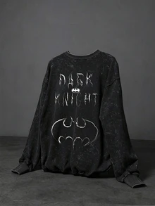 Manfinity BATMAN X SHEIN كنزة رياضية كاجوال يومية للسفر للرجال بنقشة الخفافيش - الأسود - مشاهدة 2