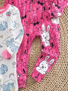 Autumn/Winter Knit Thin Round Neck Contrast Color Pink Cute Fun Elephant Colorful Balloon Little Rabbit Digital Print Popular Hot-Selling Pattern Long Sleeve Jumpsuit Zipper Design Slim Fit Comfortable Soft Fabric 2 Pieces Pajama Set Loungewear - Multicolor - View 8