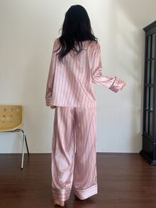 DAZY Women's Striped Double-Breasted Long Sleeve Top And Pants Pajama Set - Pink - View 2