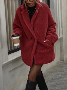 Aveloria Modichic 女款寬鬆休閒優雅泰迪羊羔絨翻領單排扣側口袋深紅色素色冬季新年外出外套 - 紅色 - 查看 5