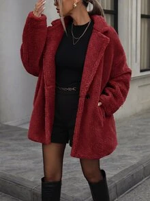 Aveloria Modichic 女款寬鬆休閒優雅泰迪羊羔絨翻領單排扣側口袋深紅色素色冬季新年外出外套 - 紅色 - 查看 8