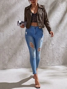 SHEIN Tall 秋冬款高個女性拉鍊 PU 外套 - 棕色 - 查看 7