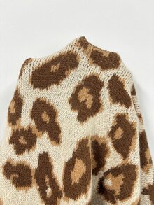 SHEIN Vintage Leopard Print Halter Neck Cold Shoulder Knit Sweater, Loose Slouchy Semi-High Neck Pullover - Multicolor - View 8